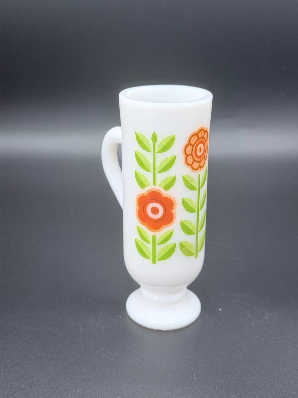 Vintage Milk Glass Irish Coffee Mug Orange Green Groovy Flowers Pedestal 5.25